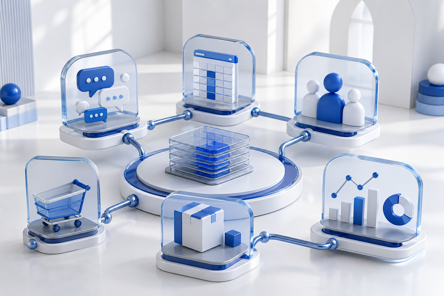 A connected workflow linking customer conversations, records, team handoff, orders, delivery, and reporting