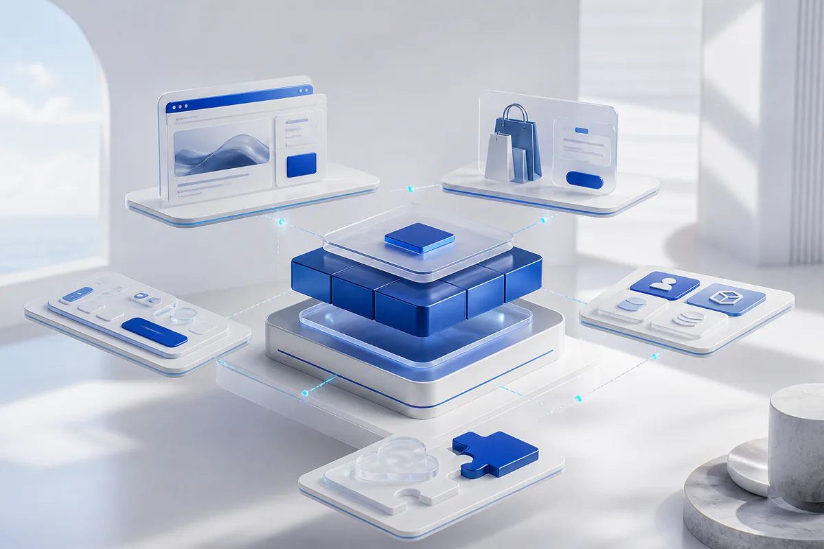 A connected digital product platform linking websites, commerce, applications, portals, and integrations