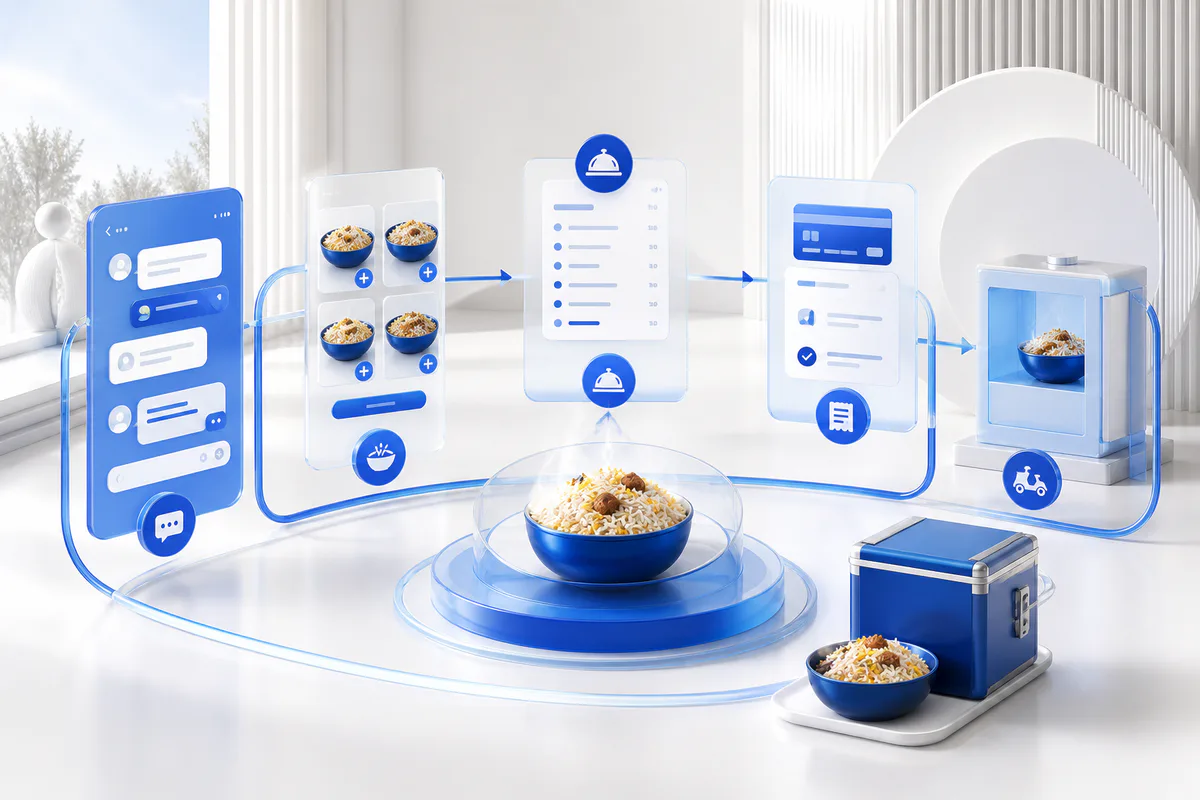 An automated food-order workflow connecting customer messages, menu selection, kitchen ticket, order record, and delivery