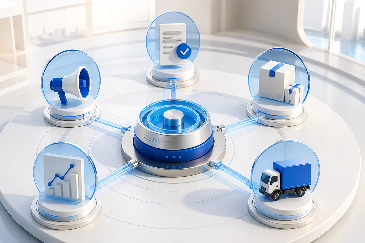 An e-commerce revenue operation connecting demand, order confirmation, fulfillment, delivery, and reporting