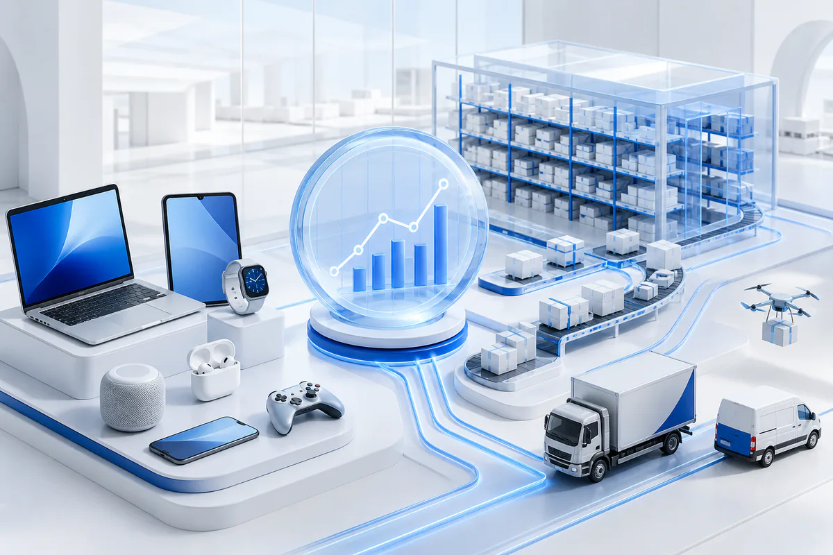 A consumer electronics commerce system connecting products, demand, inventory, parcel throughput, and delivery