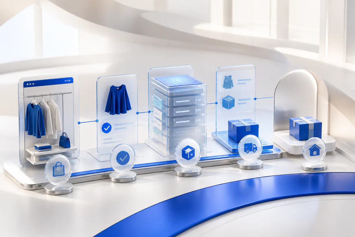A fashion commerce workflow connecting storefront, confirmation, order records, courier handoff, and delivery