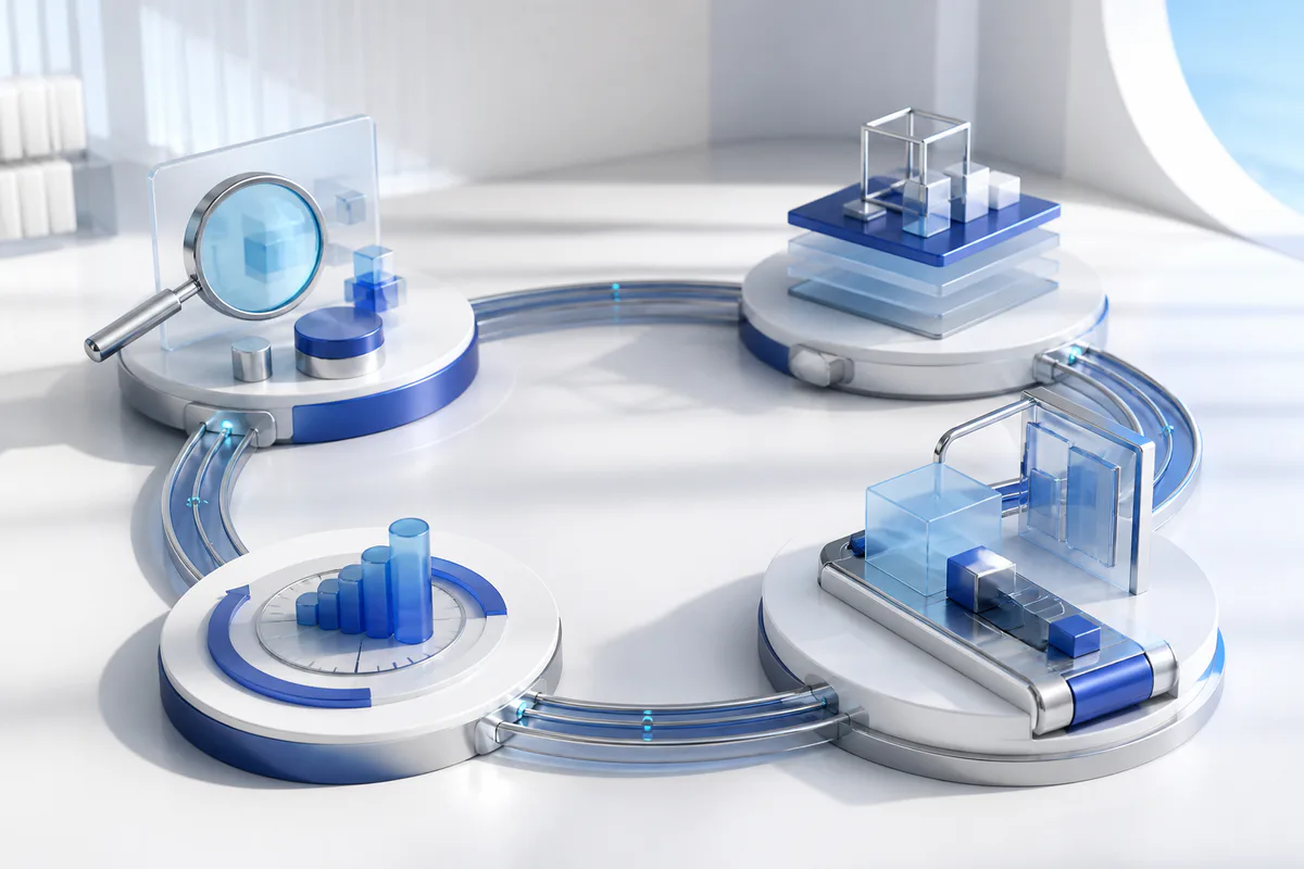 Four connected delivery stages representing diagnosis, design, delivery, and continuous improvement
