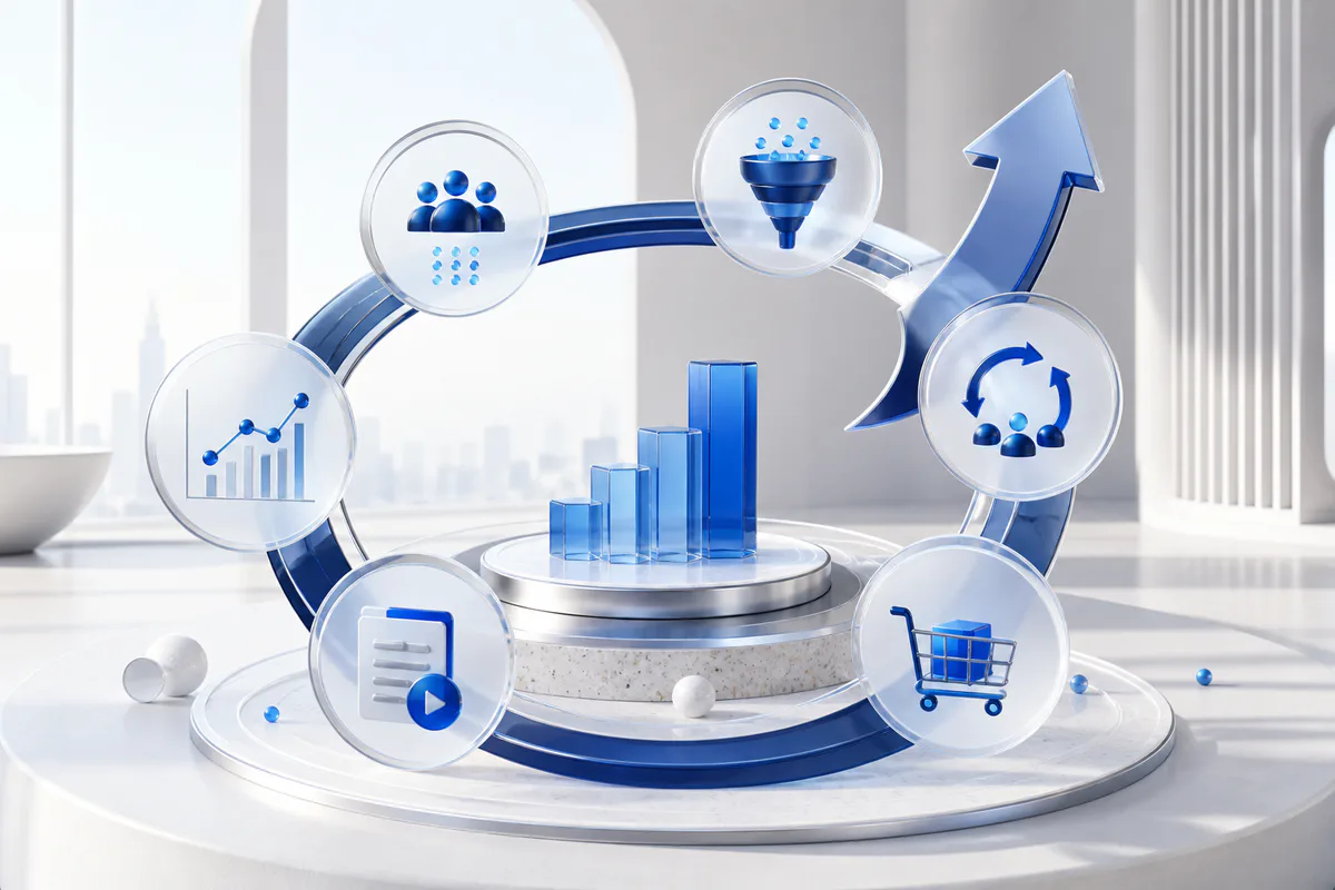 A commercial growth system connecting demand, conversion, retention, commerce, and revenue measurement