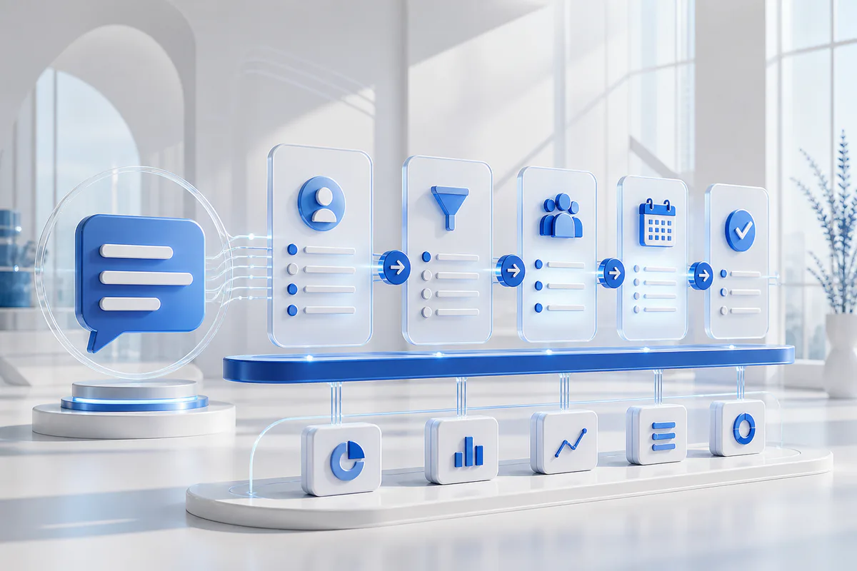 A customer conversation moving through qualification, routing, scheduling, follow-up, and reporting